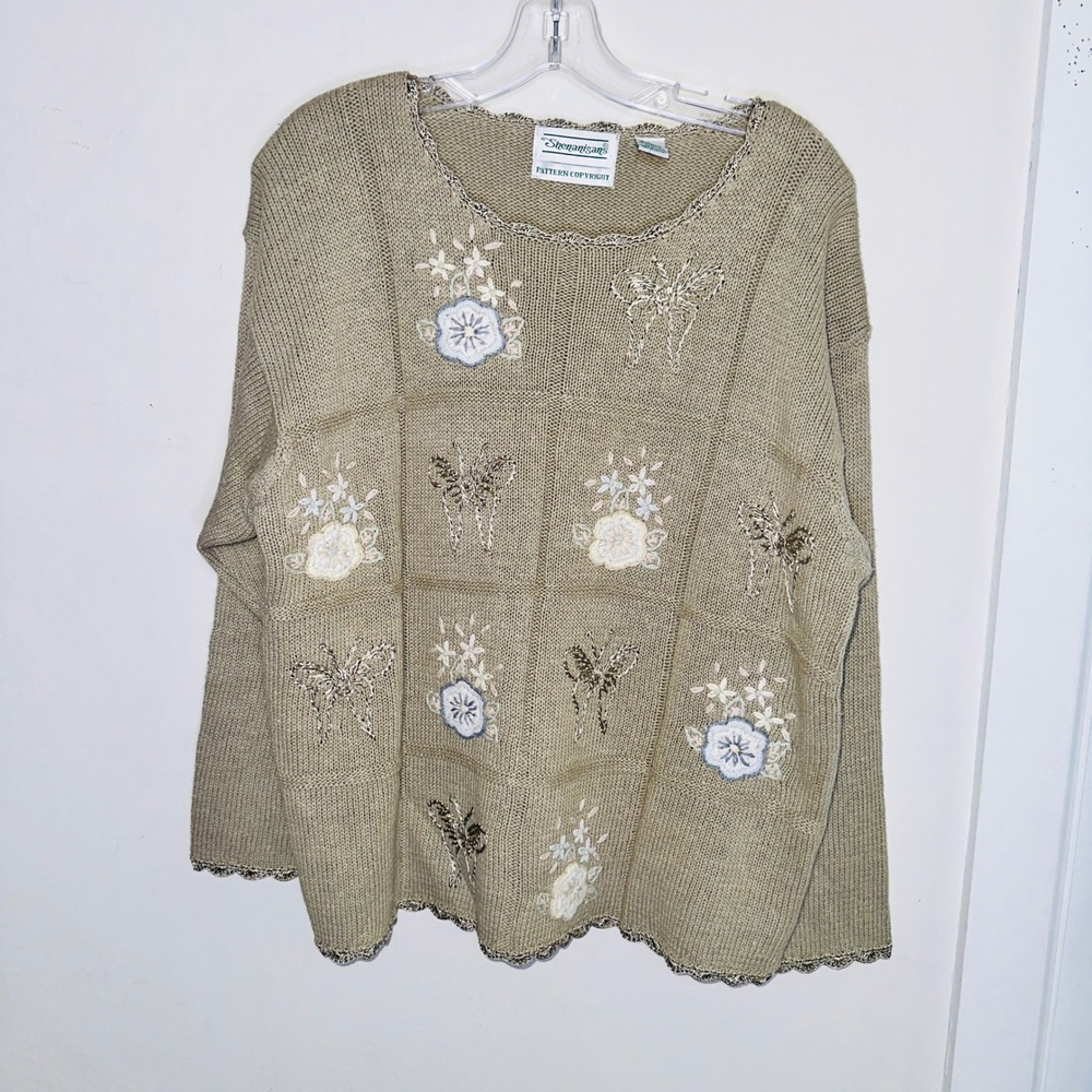 Shenanigans Vintage Floral Butterfly Embroidered Sweater Sage Green Large
